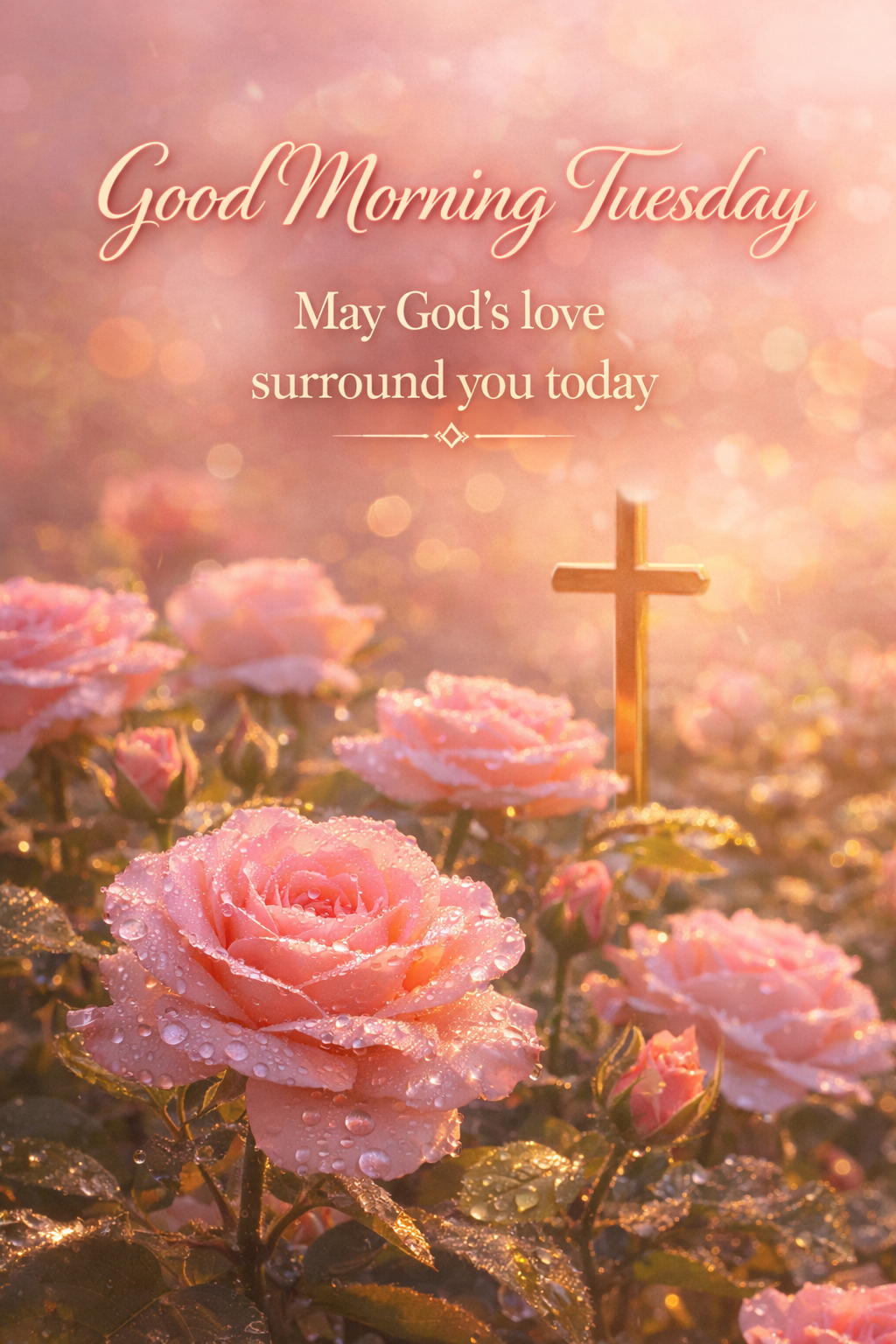 Pink roses with morning dew and a small golden cross, "Good Morning Tuesday — May God's love surround you today" in rose gold — WhatsApp feminine blessing